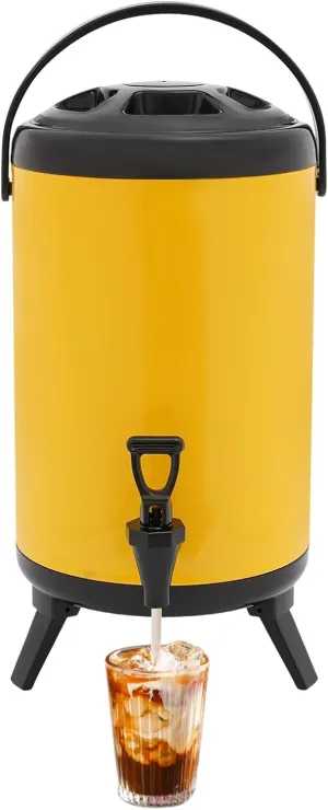 Insulated Beverage Dispenser, 10L/2.64Gal Stainless Steel Iced Drink Dispenser, 4-8 h Insulation Hot/Cold Coffee Dispensers, Tabletop Round Container w/ Faucet for Milk Tea, Juice, 9.45*12.99in Yellow