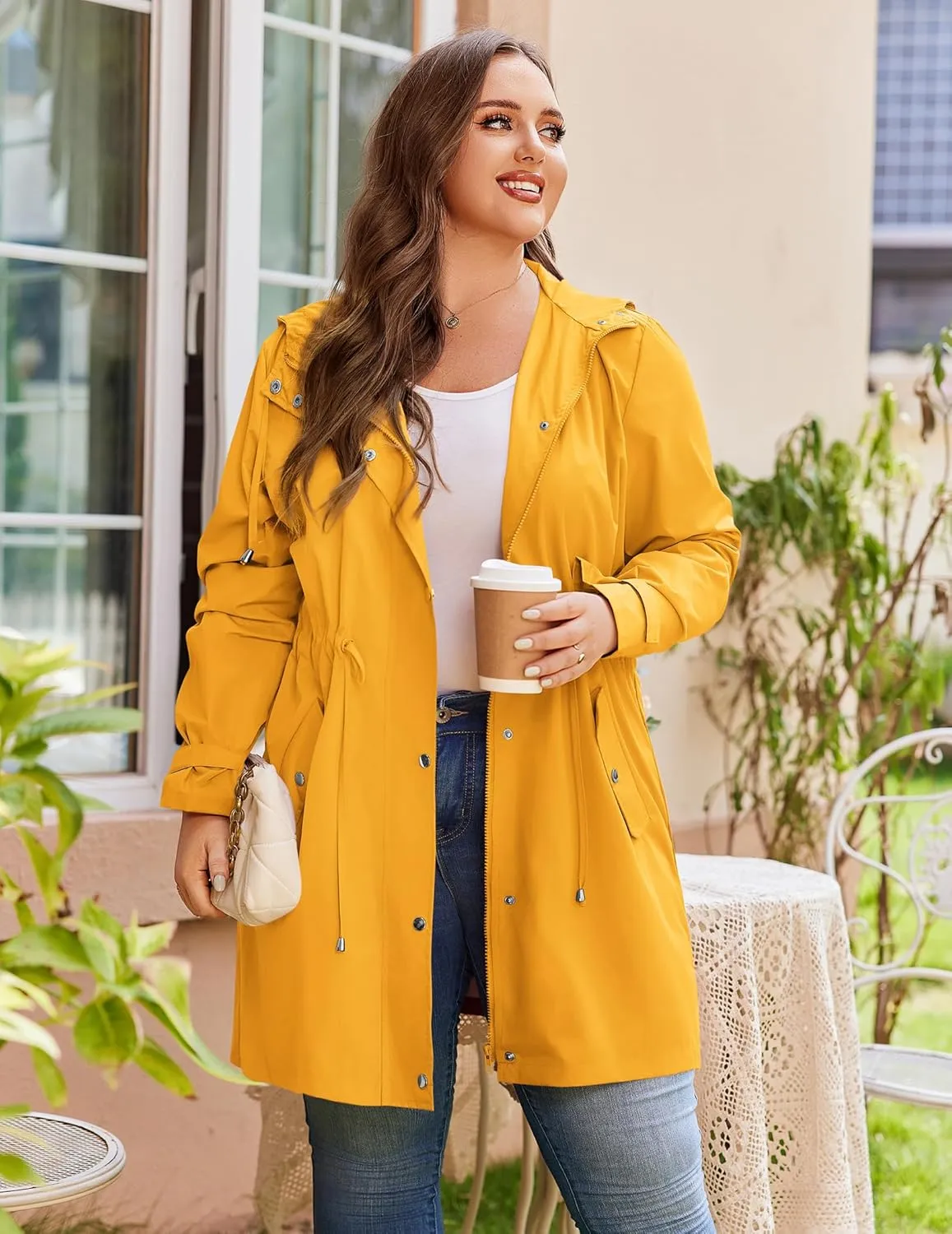 IN'VOLAND Plus Size Rain Jackets For Women Waterproof Rain Coats with Hood Lightweight Windbreaker Outdoor Trench Coat