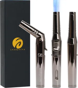 inZaynity Pen Torch Lighter - Windproof Jet Flame, Tiltable Head & Refillable Butane Torch with Adjustable Flame - Compact & Portable Lighters for Candle, Cooking, BBQ, Camping & DIY - Black & Steel
