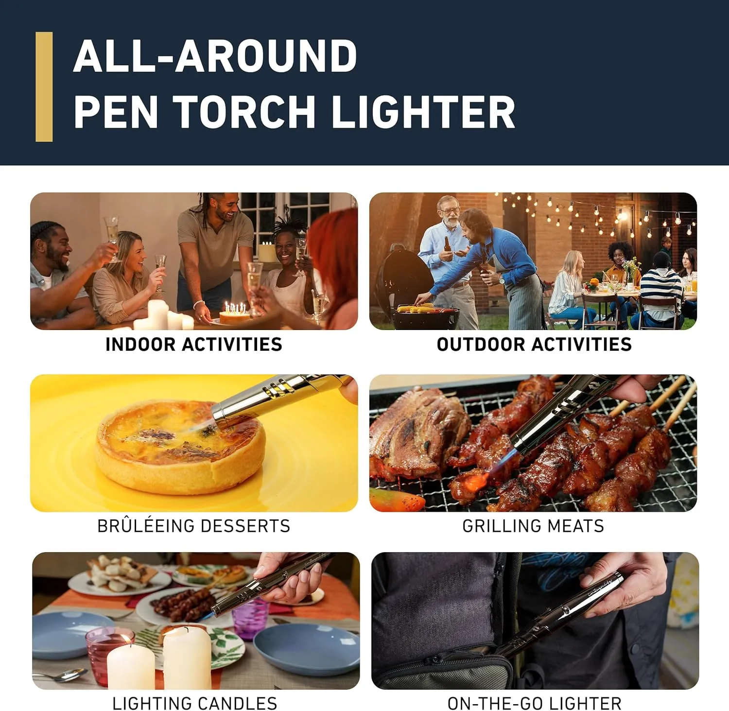 inZaynity Pen Torch Lighter - Windproof Jet Flame, Tiltable Head & Refillable Butane Torch with Adjustable Flame - Compact & Portable Lighters for Candle, Cooking, BBQ, Camping & DIY - Black & Steel