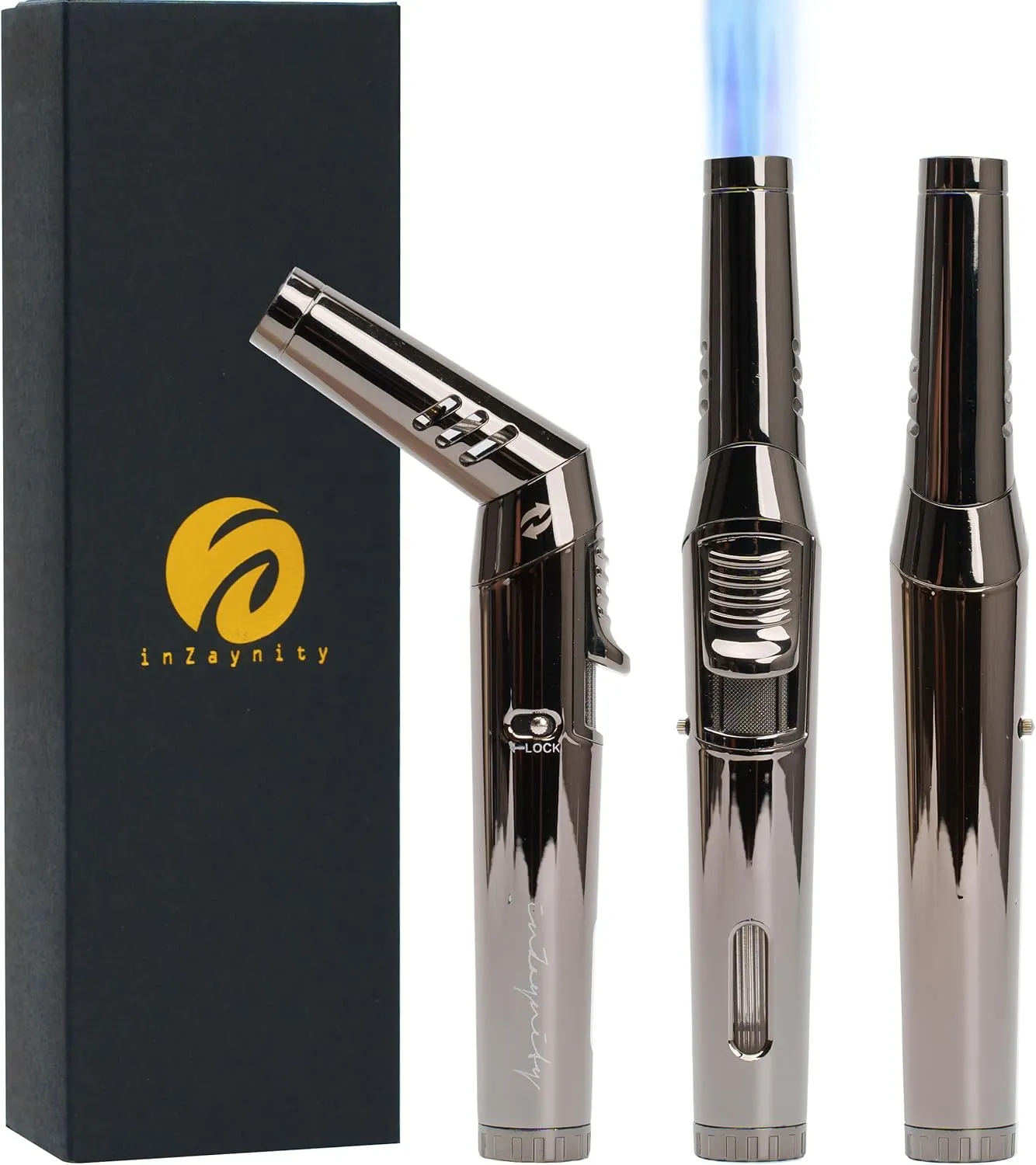 inZaynity Pen Torch Lighter - Windproof Jet Flame, Tiltable Head & Refillable Butane Torch with Adjustable Flame - Compact & Portable Lighters for Candle, Cooking, BBQ, Camping & DIY - Black & Steel