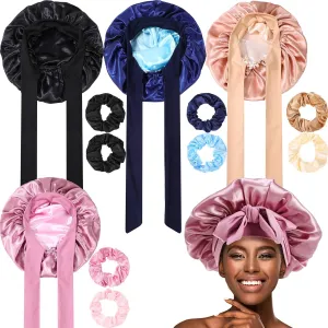 JaGely 4 Pcs Satin Bonnet for Sleeping Women Double Layer Tie Hair Bonnet Large 2 Layered Silk Sleeping Cap with 8 Pcs Hair Scrunchies(Classic Color)