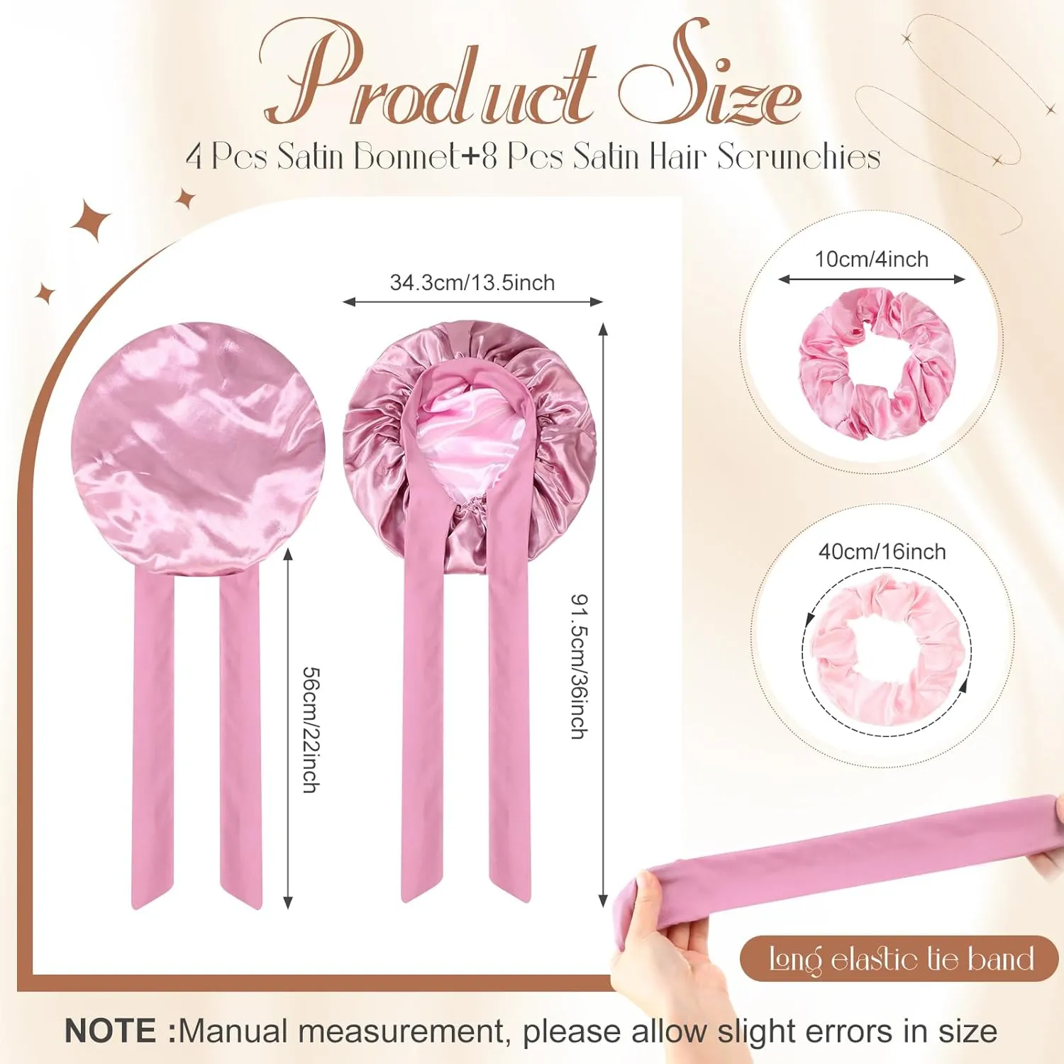 JaGely 4 Pcs Satin Bonnet for Sleeping Women Double Layer Tie Hair Bonnet Large 2 Layered Silk Sleeping Cap with 8 Pcs Hair Scrunchies(Classic Color)
