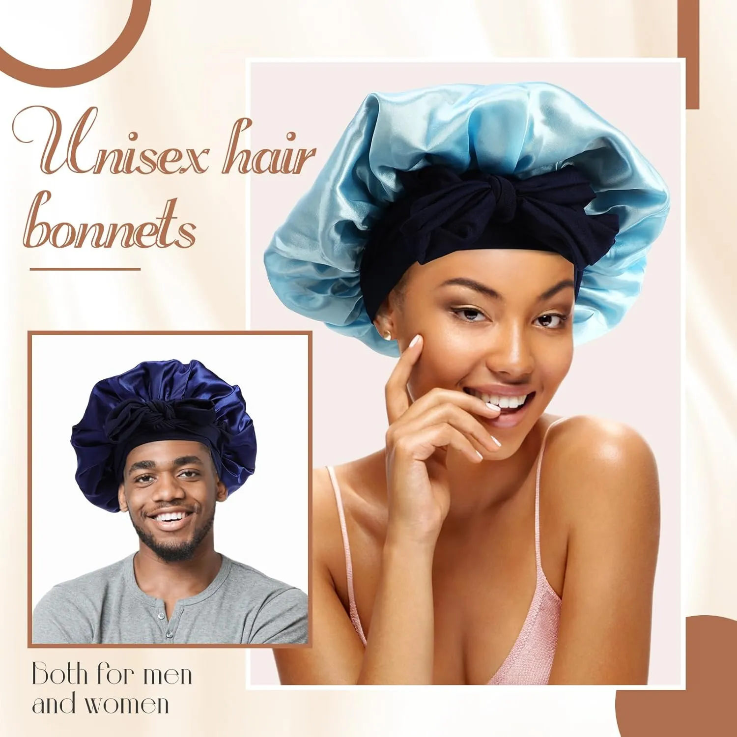 JaGely 4 Pcs Satin Bonnet for Sleeping Women Double Layer Tie Hair Bonnet Large 2 Layered Silk Sleeping Cap with 8 Pcs Hair Scrunchies(Classic Color)