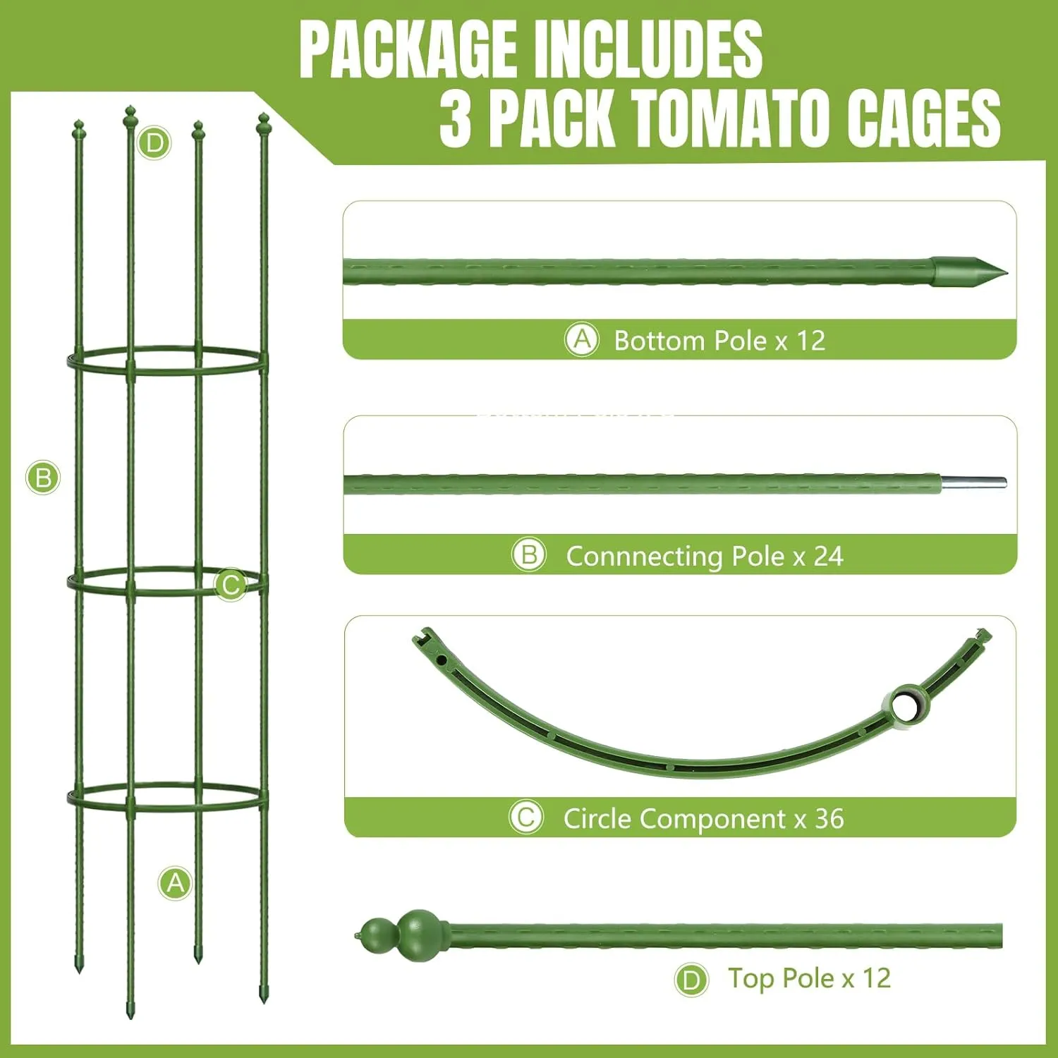 joyhalo 3 Pack Tomato Cages for Garden, 59 Inch Tomato Cage Heavy Duty, Height Adjustable Tomatoes Trellis for Climbing Plants Vegetables Flowers Cucumber Peony