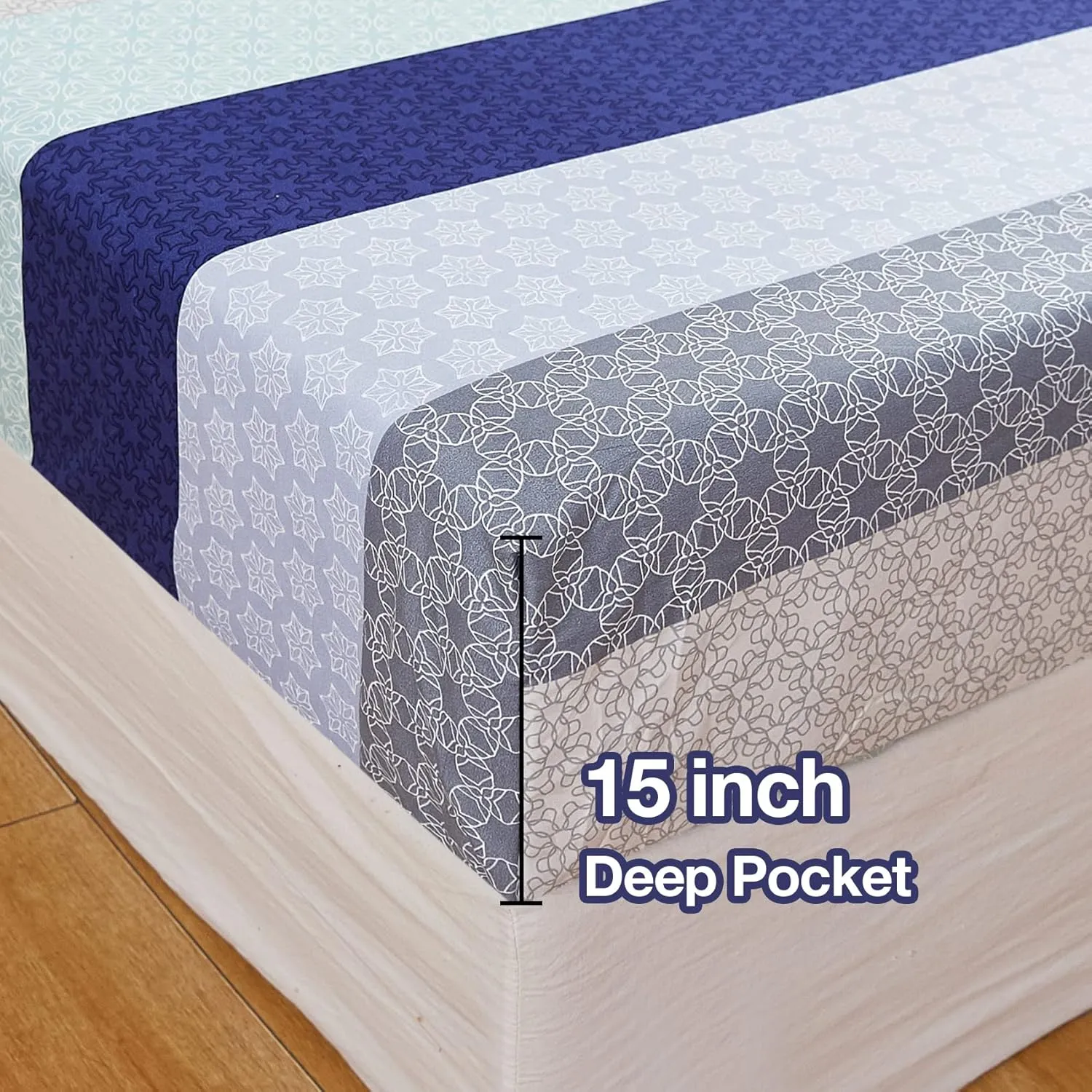 JSD Blue Striped Sheet Set Queen Size, 4 Piece Soft Printed Microfiber Sheet Set Extra Deep Pocket