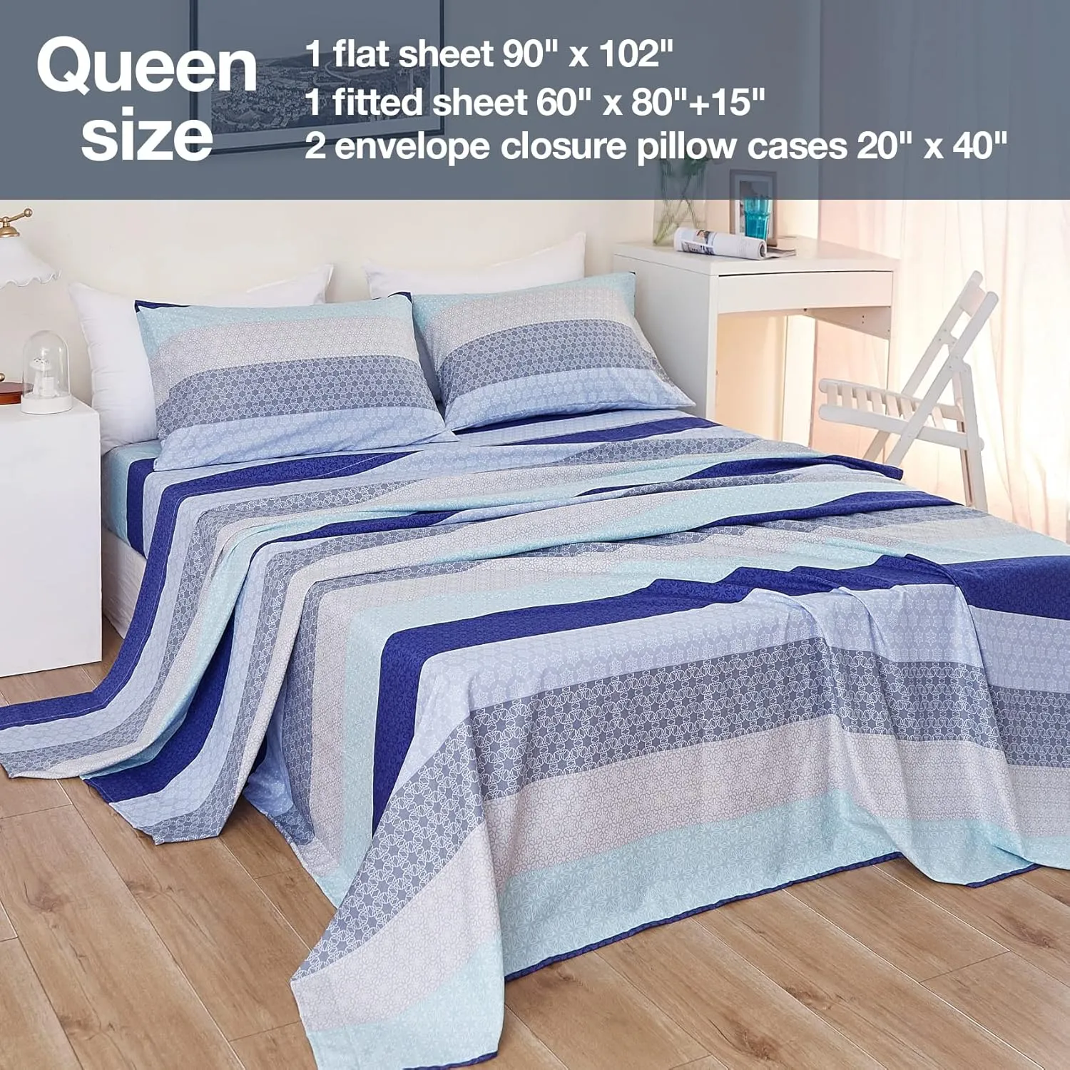 JSD Blue Striped Sheet Set Queen Size, 4 Piece Soft Printed Microfiber Sheet Set Extra Deep Pocket