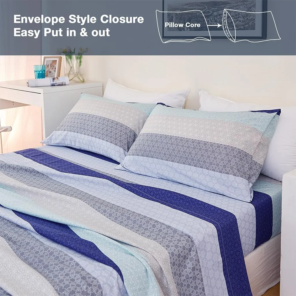 JSD Blue Striped Sheet Set Queen Size, 4 Piece Soft Printed Microfiber Sheet Set Extra Deep Pocket