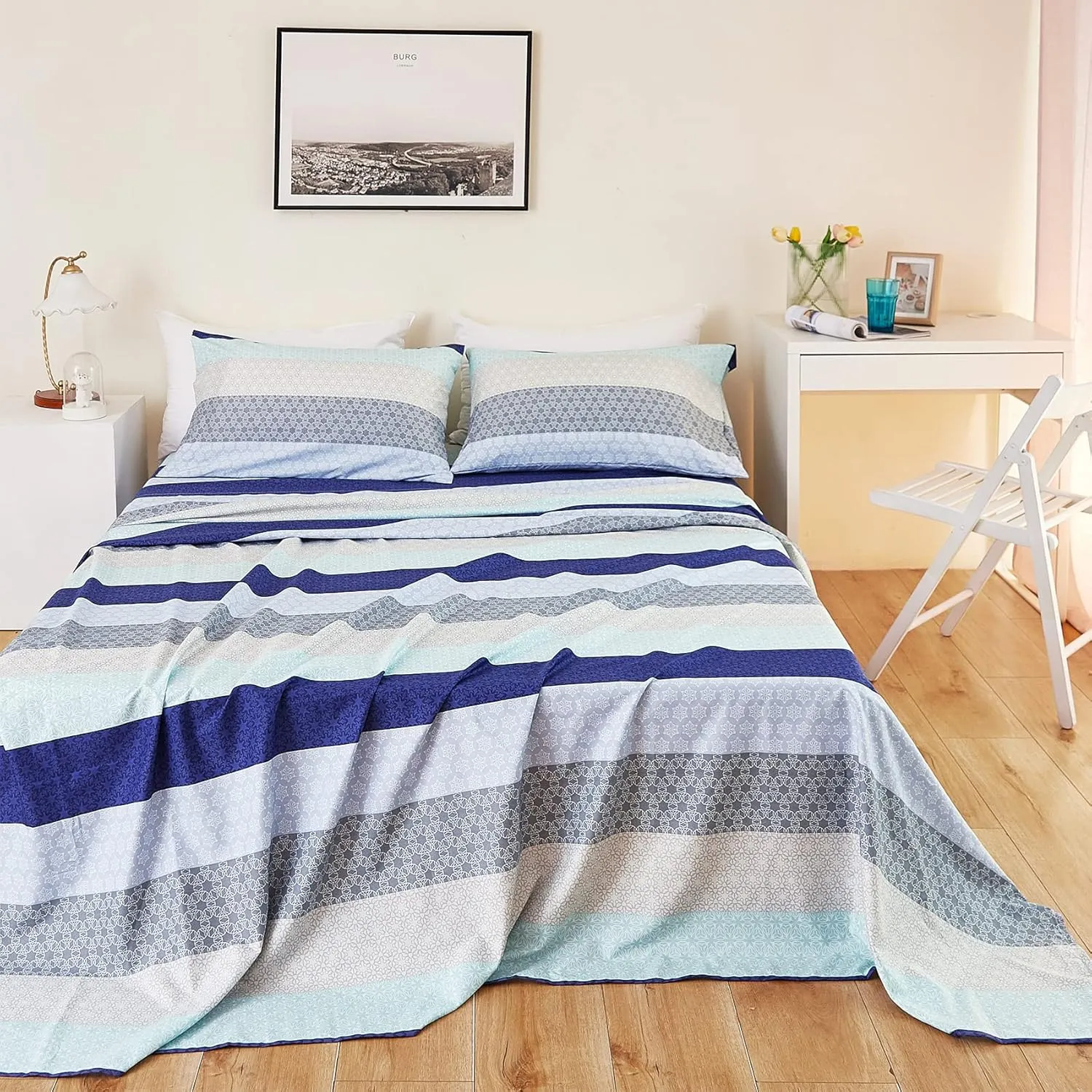 JSD Blue Striped Sheet Set Queen Size, 4 Piece Soft Printed Microfiber Sheet Set Extra Deep Pocket