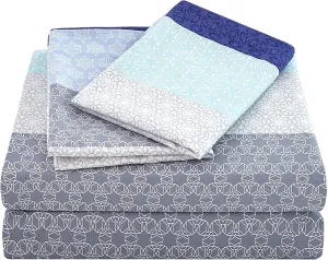 JSD Blue Striped Sheet Set Queen Size, 4 Piece Soft Printed Microfiber Sheet Set Extra Deep Pocket
