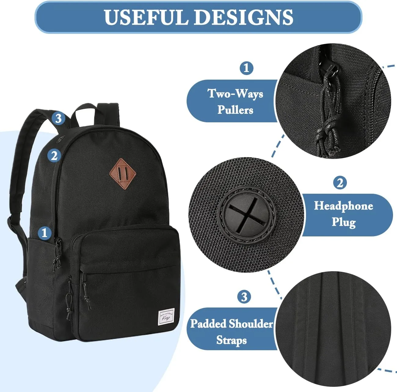 Kasqo School Backpack, Classic Lightweight Water-Resistant Bookbag Daypack for Men Women Teens Girls Boys College, Travel, Work, Black