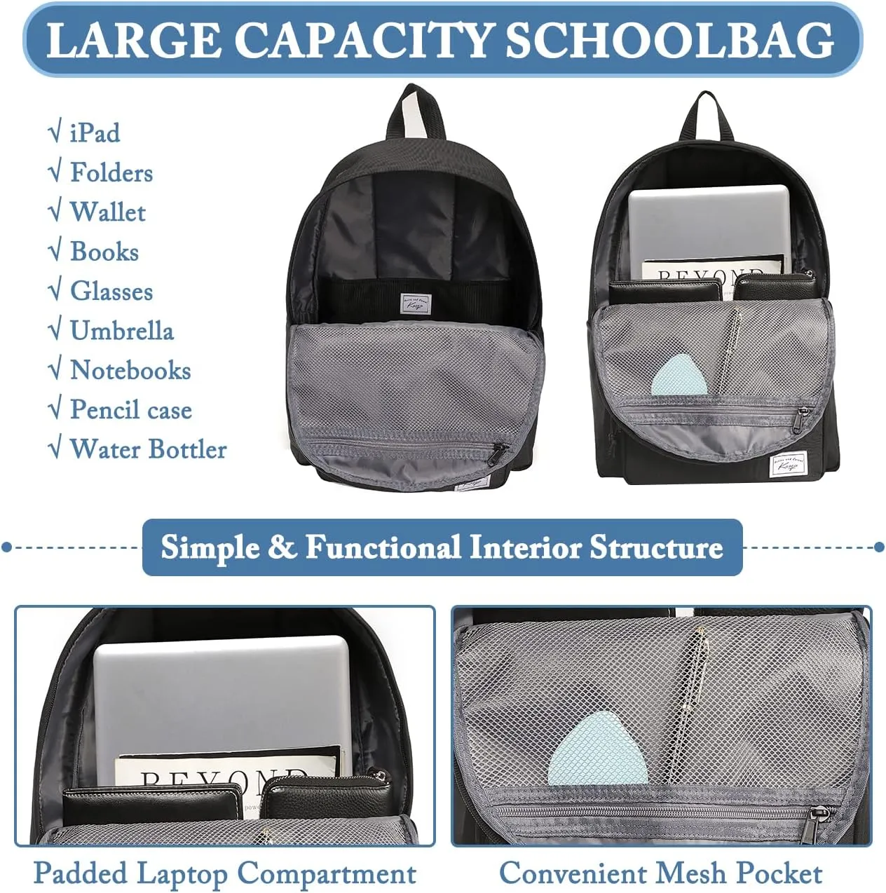 Kasqo School Backpack, Classic Lightweight Water-Resistant Bookbag Daypack for Men Women Teens Girls Boys College, Travel, Work, Black