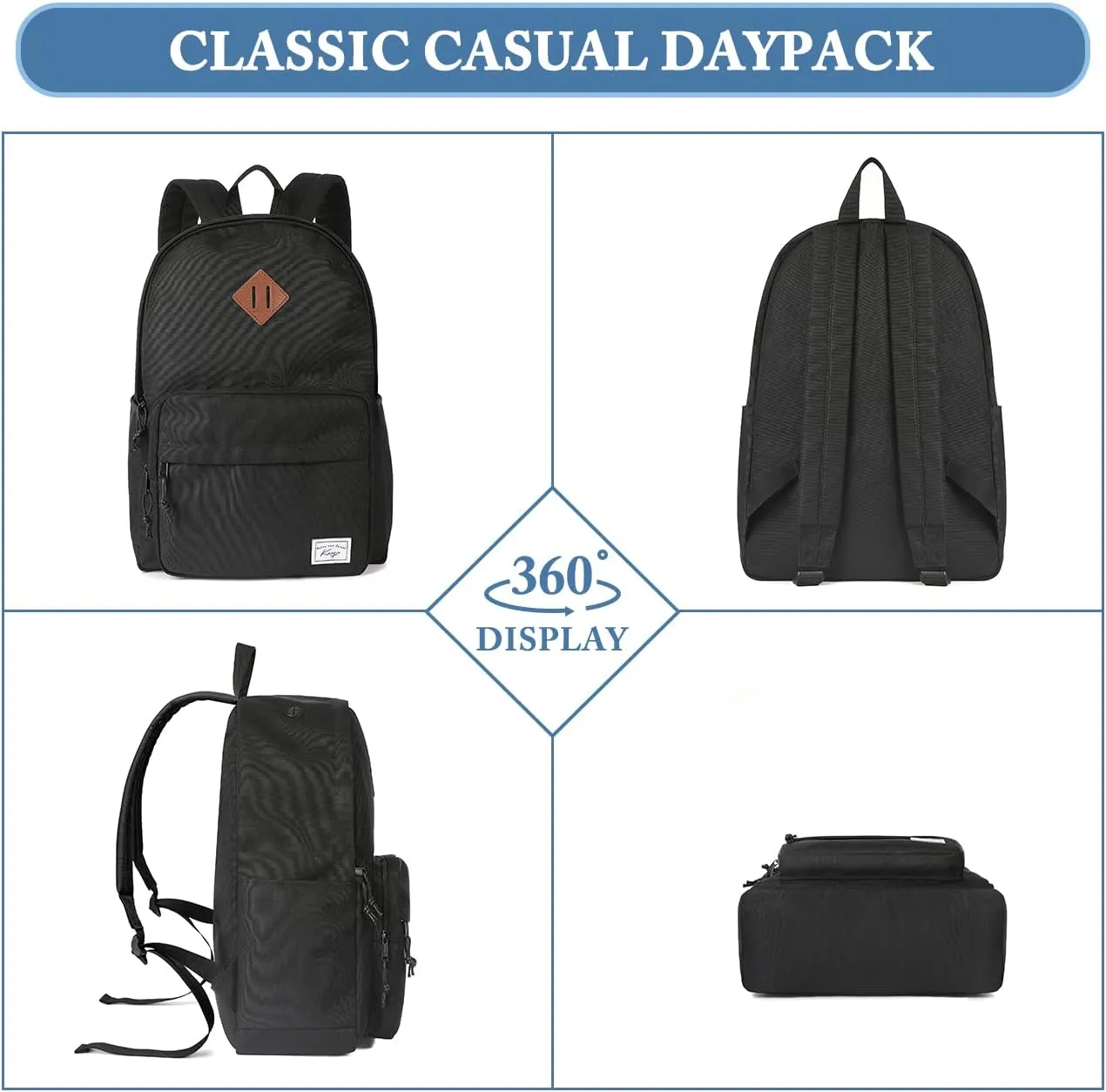 Kasqo School Backpack, Classic Lightweight Water-Resistant Bookbag Daypack for Men Women Teens Girls Boys College, Travel, Work, Black