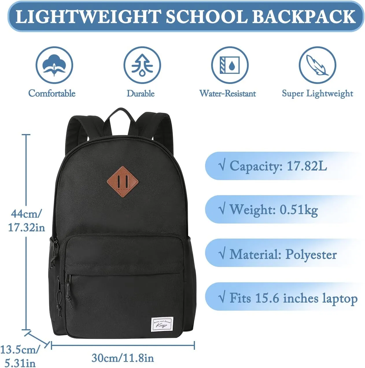 Kasqo School Backpack, Classic Lightweight Water-Resistant Bookbag Daypack for Men Women Teens Girls Boys College, Travel, Work, Black