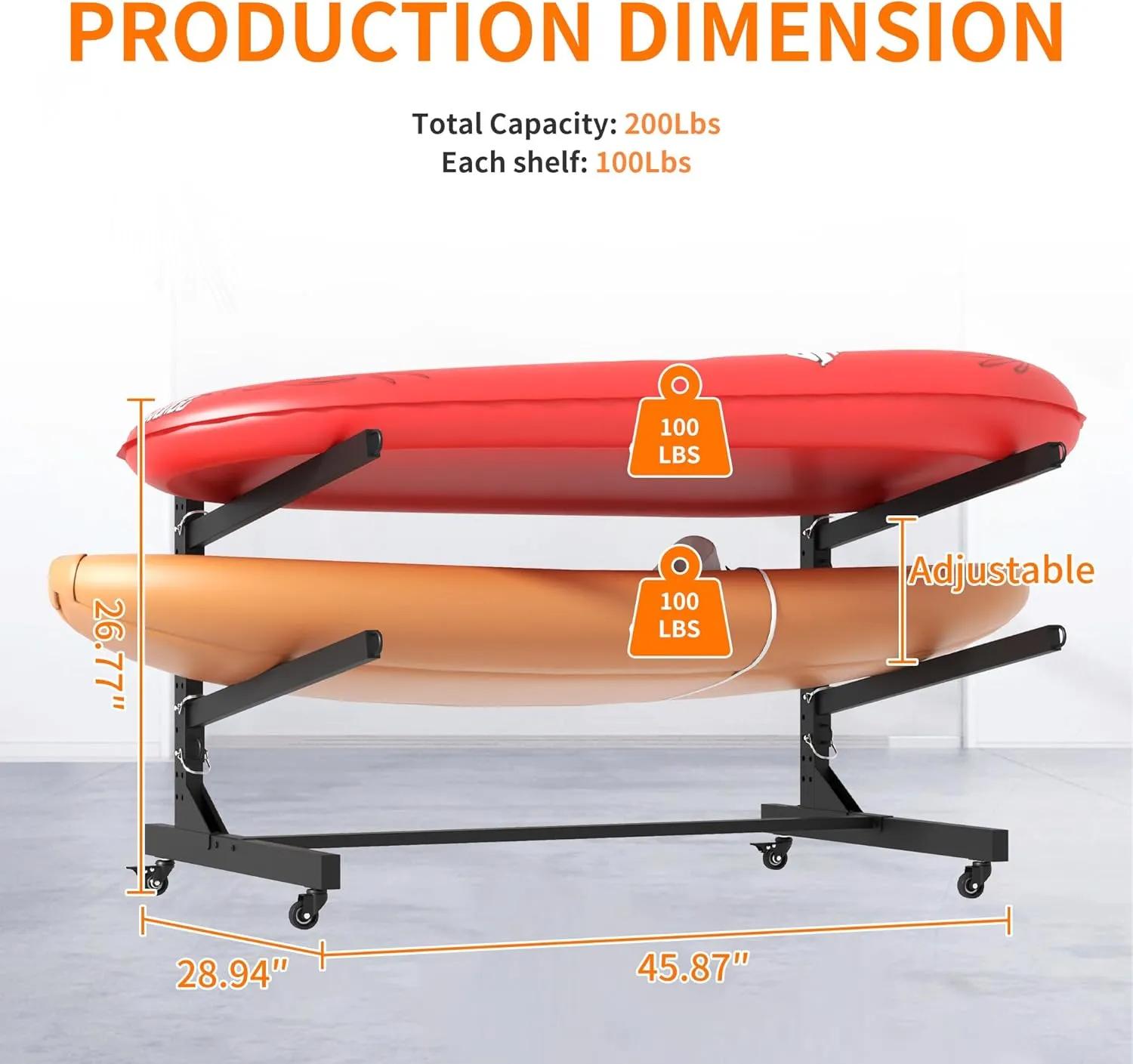 Kayak Storage Rack, Heavy Duty Freestanding Kayak Rack for Garage and Outdoor Storage, Adjustable 2 Kayak Stand with Lockable Wheels, Protection Pad for Kayak, Canoe, SUP, Surfboard & Paddleboard