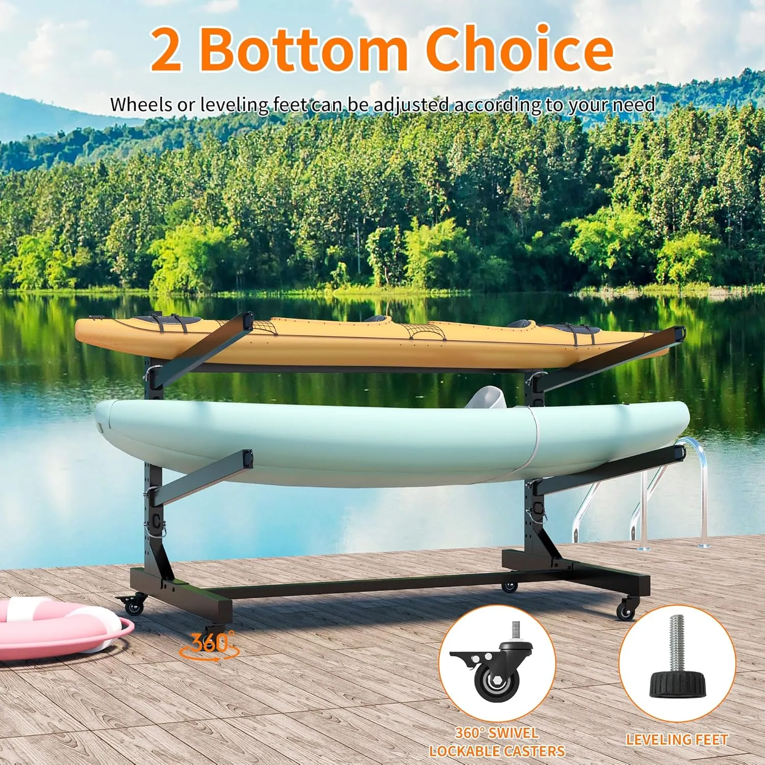 Kayak Storage Rack, Heavy Duty Freestanding Kayak Rack for Garage and Outdoor Storage, Adjustable 2 Kayak Stand with Lockable Wheels, Protection Pad for Kayak, Canoe, SUP, Surfboard & Paddleboard