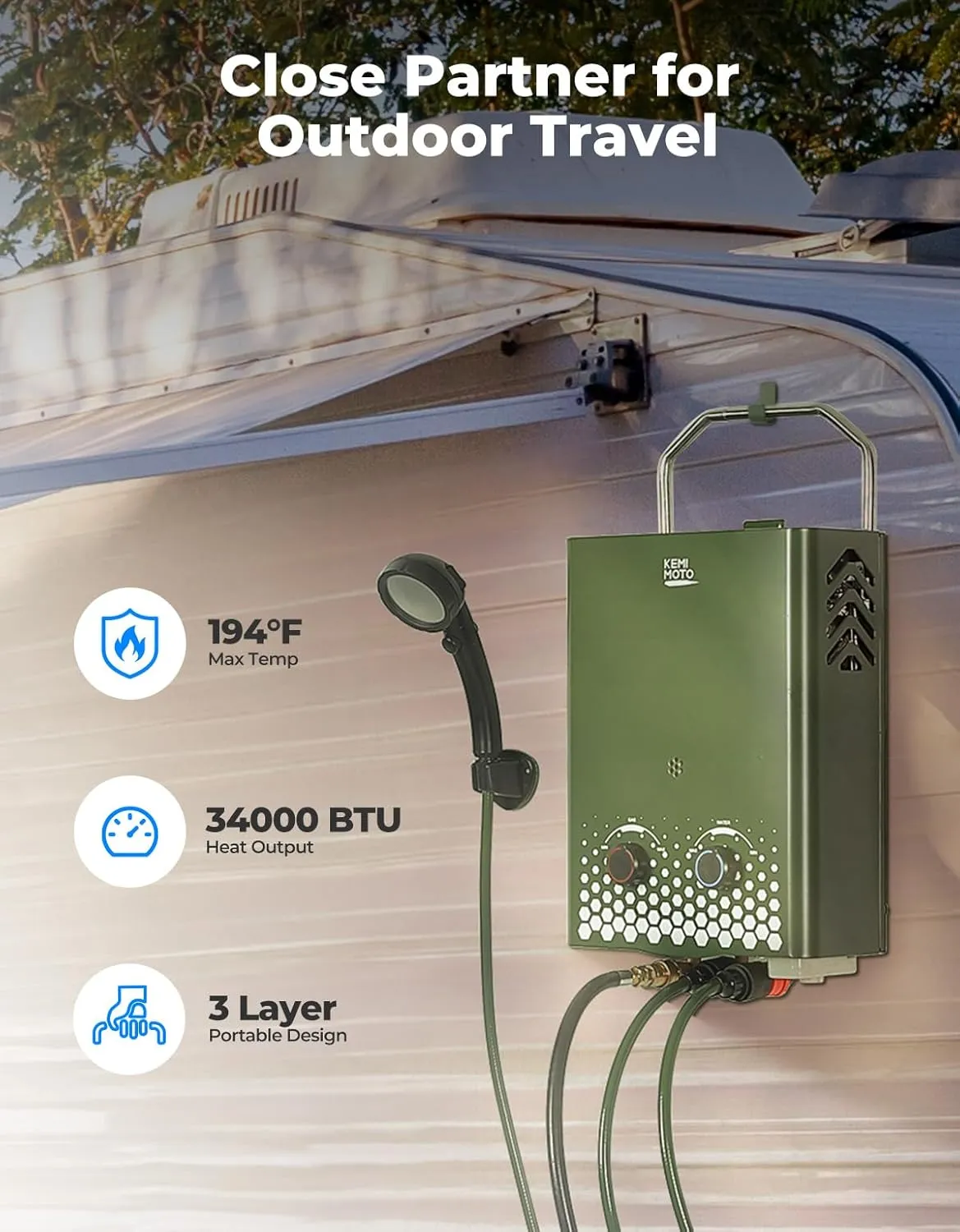 KEMIMOTO propane tankless water heater outdoor，1.32Gpm 34000 BTU Camping Portable Water Heater，Easy Installation, Lightweight for Taking，Suitable For Rv/Camping/Cabin