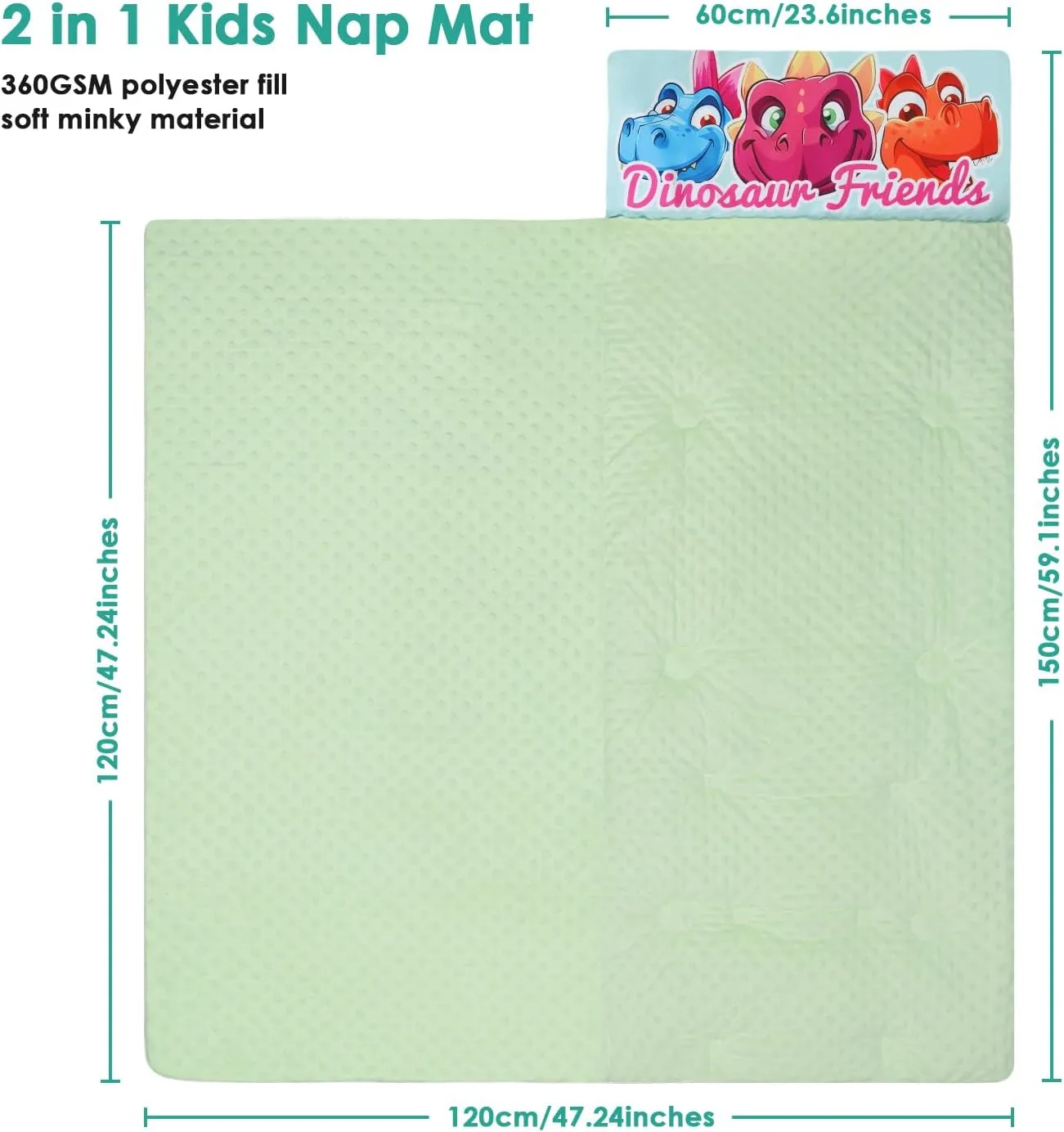 Kids Sleeping Bag Toddler Nap Mat with Removable Pillow, Large Foldable Sleeping Bag for Girls Boys, Easy Clean Slumber Bag with Double Zip for Camping School Preschool Daycare, 59×24 inch