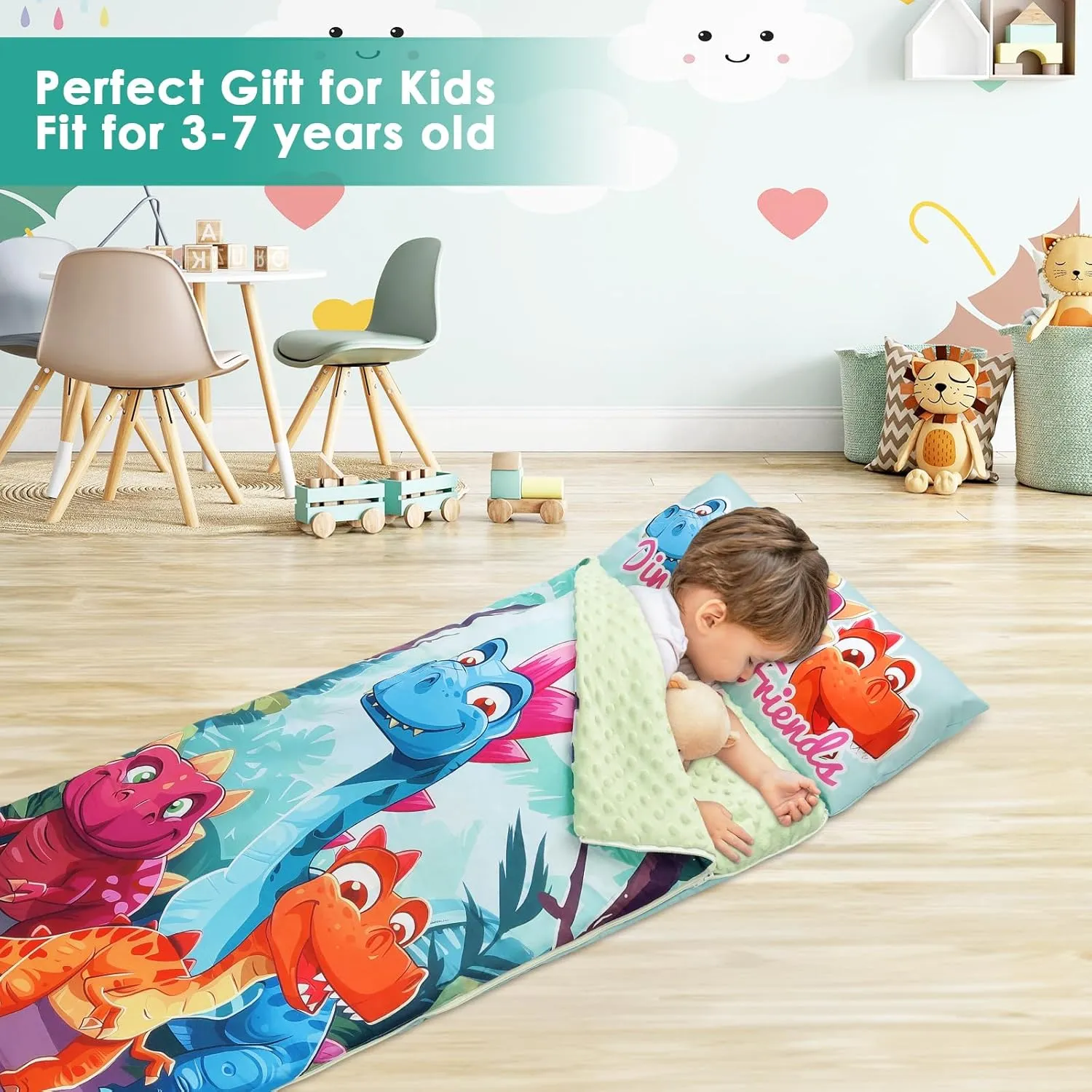 Kids Sleeping Bag Toddler Nap Mat with Removable Pillow, Large Foldable Sleeping Bag for Girls Boys, Easy Clean Slumber Bag with Double Zip for Camping School Preschool Daycare, 59×24 inch