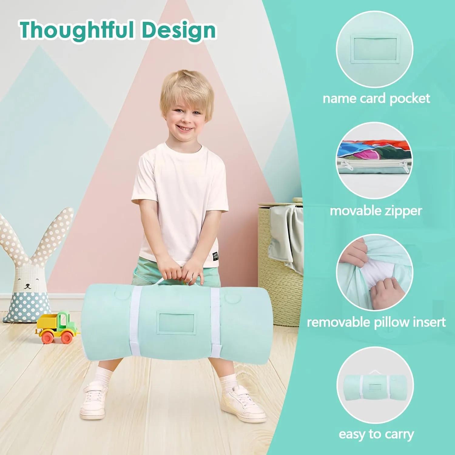 Kids Sleeping Bag Toddler Nap Mat with Removable Pillow, Large Foldable Sleeping Bag for Girls Boys, Easy Clean Slumber Bag with Double Zip for Camping School Preschool Daycare, 59×24 inch