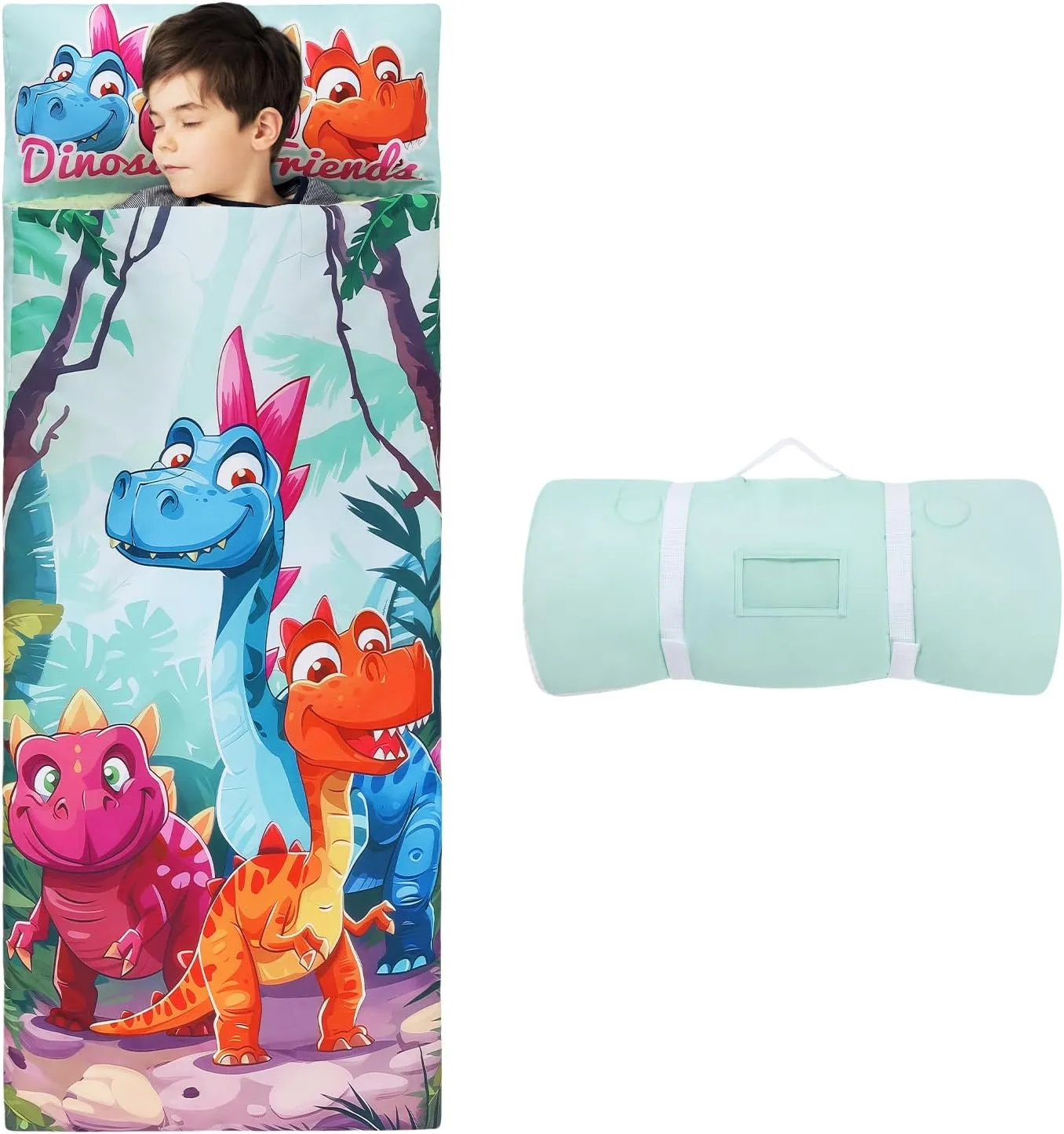 Kids Sleeping Bag Toddler Nap Mat with Removable Pillow, Large Foldable Sleeping Bag for Girls Boys, Easy Clean Slumber Bag with Double Zip for Camping School Preschool Daycare, 59×24 inch