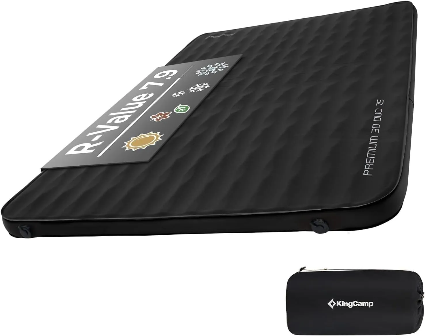 KingCamp Self Inflating Sleeping Pad Double Camping Foam Mattress 3" Thick 11 R Value Luxury 3D Sides Air Camping Pad Queen, 79"x50.4",Black