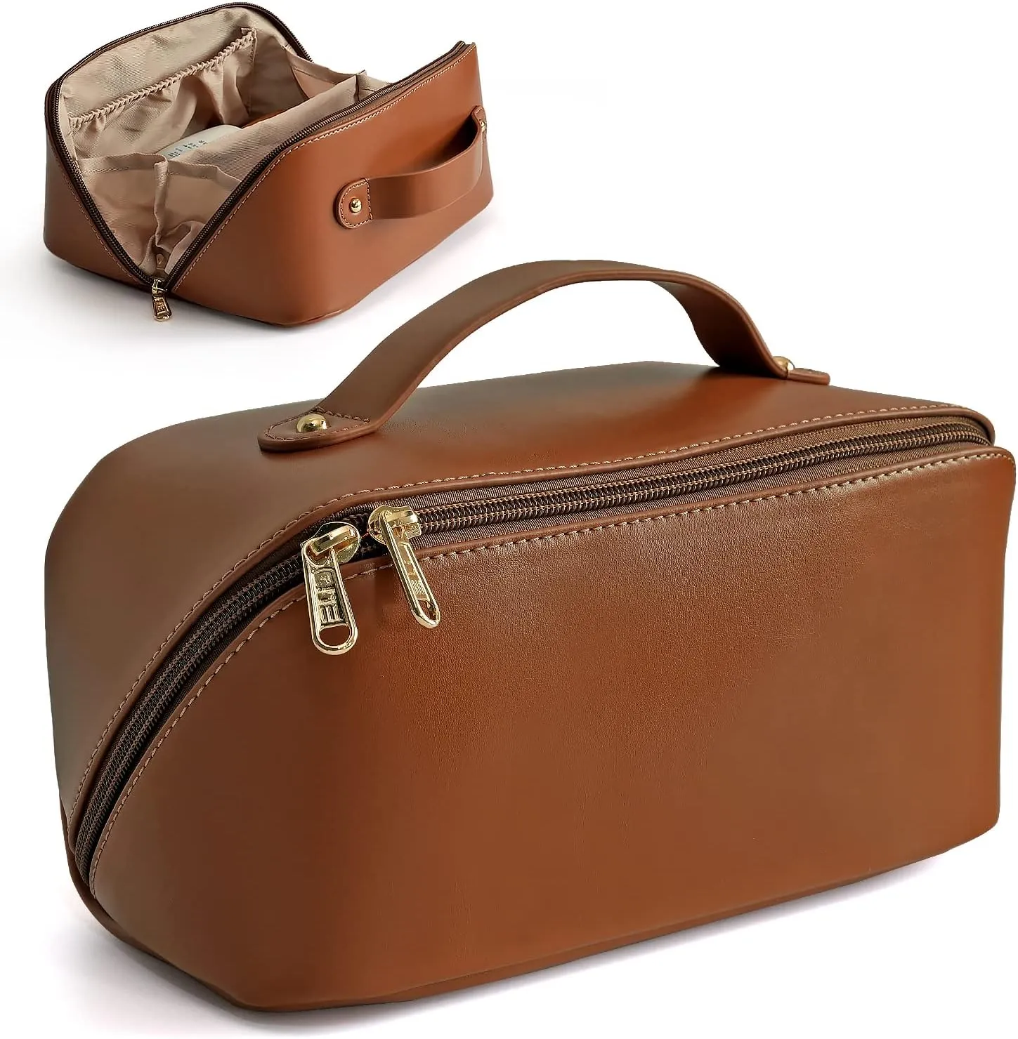 Large Capacity Cosmetic Bag, Travel Cosmetic Storage Bag with Handle, Portable Zipper Cosmetic Bag Toiletry Bag Makeup Bag Large with Compartments for Women Girls (Brown)