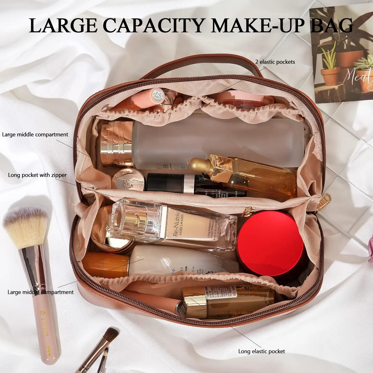 Large Capacity Cosmetic Bag, Travel Cosmetic Storage Bag with Handle, Portable Zipper Cosmetic Bag Toiletry Bag Makeup Bag Large with Compartments for Women Girls (Brown)