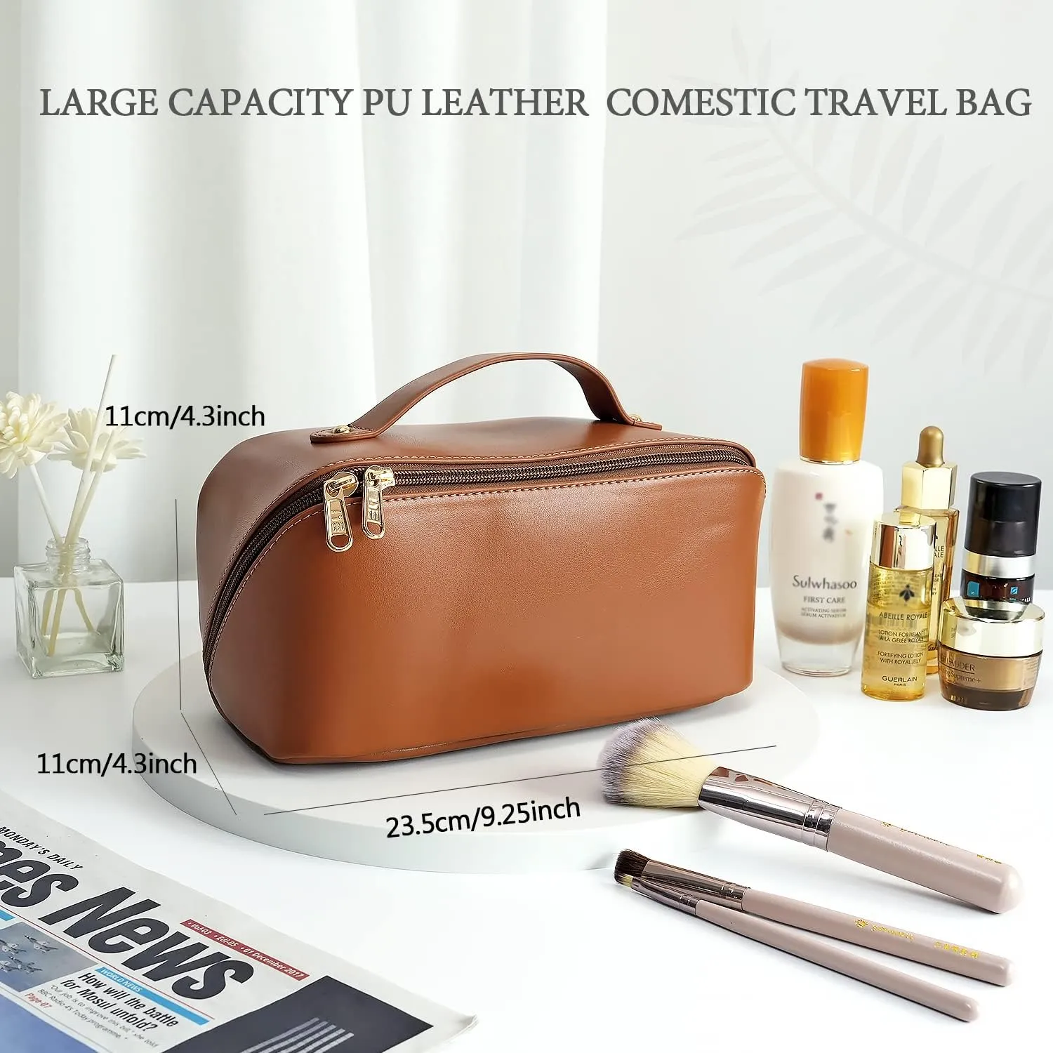 Large Capacity Cosmetic Bag, Travel Cosmetic Storage Bag with Handle, Portable Zipper Cosmetic Bag Toiletry Bag Makeup Bag Large with Compartments for Women Girls (Brown)