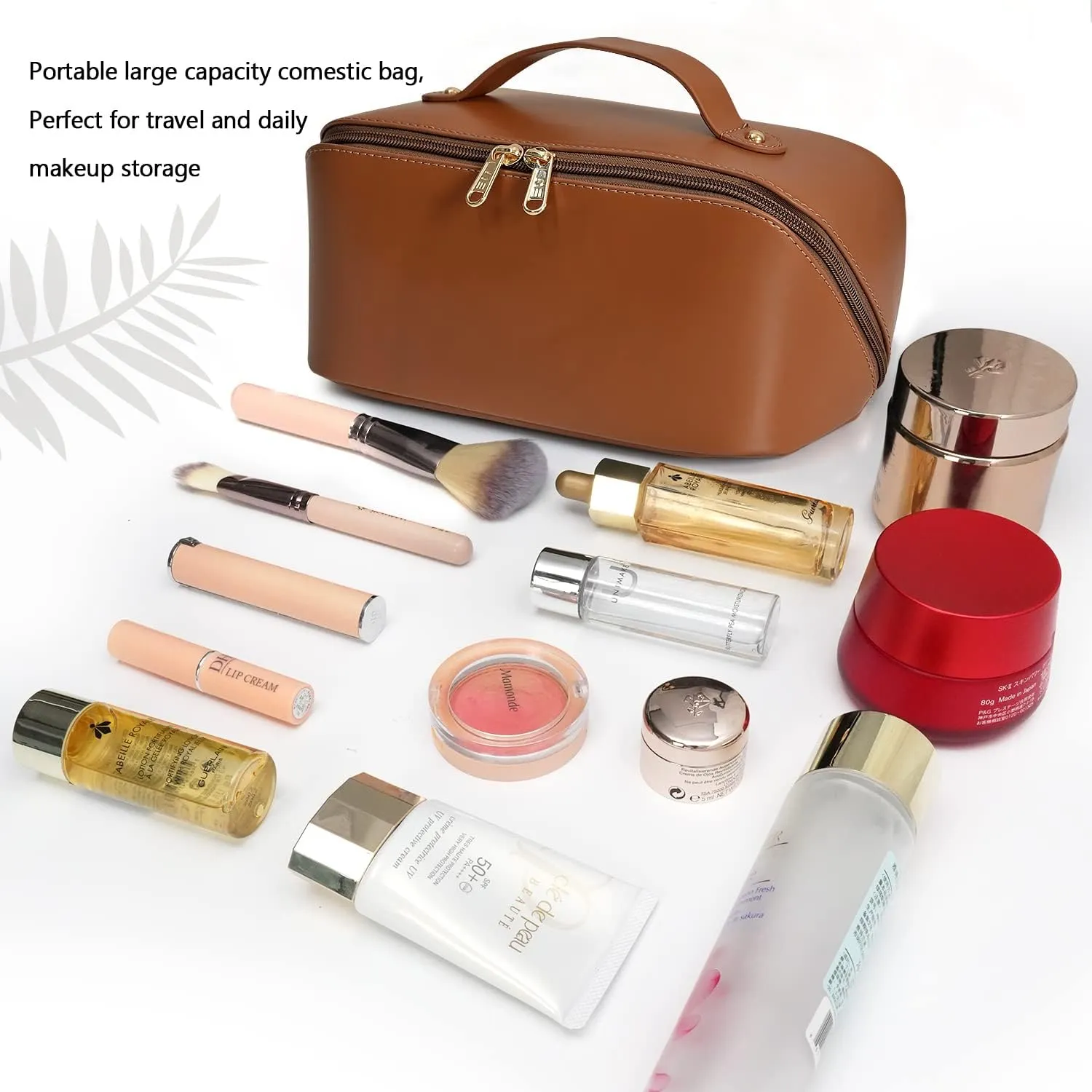 Large Capacity Cosmetic Bag, Travel Cosmetic Storage Bag with Handle, Portable Zipper Cosmetic Bag Toiletry Bag Makeup Bag Large with Compartments for Women Girls (Brown)