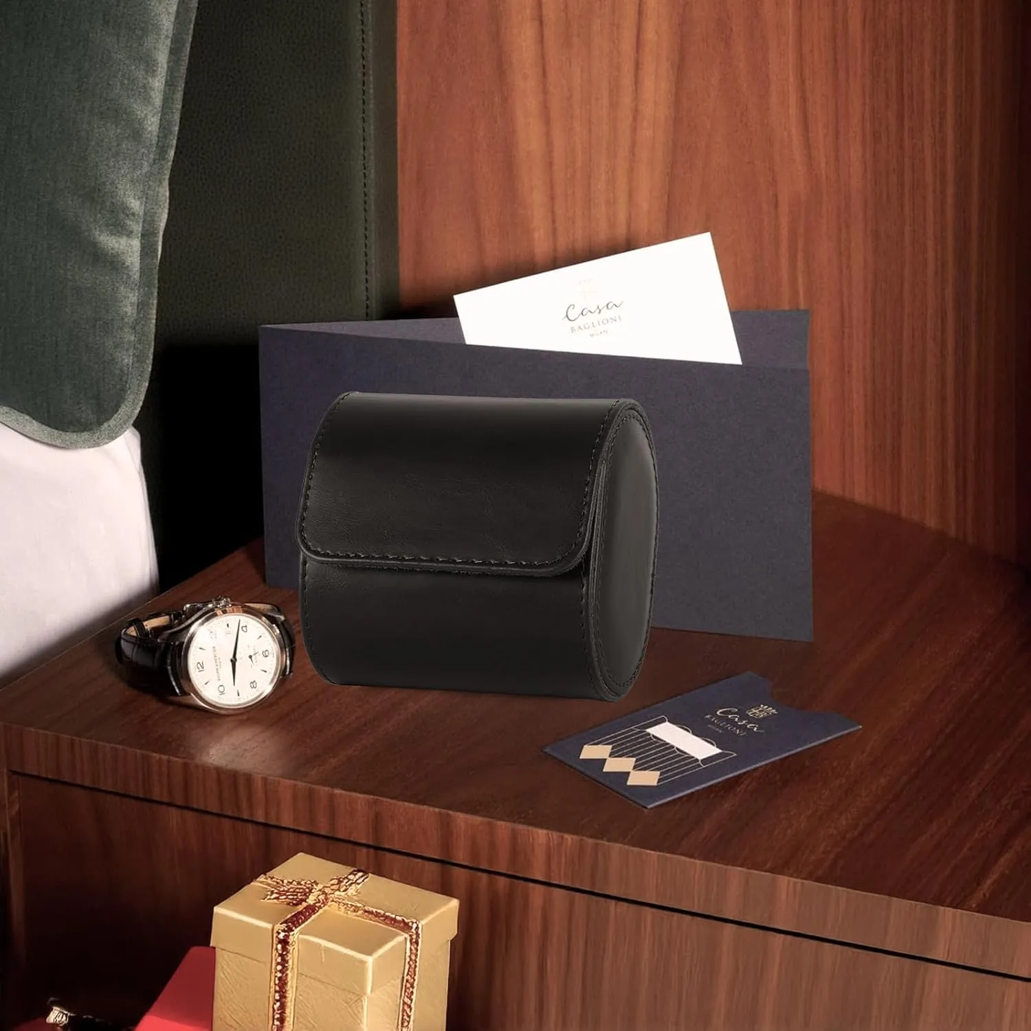 Leather Double Watch Box, Vintage Watch Roll Travel Case for Men and Women (Double-Black)