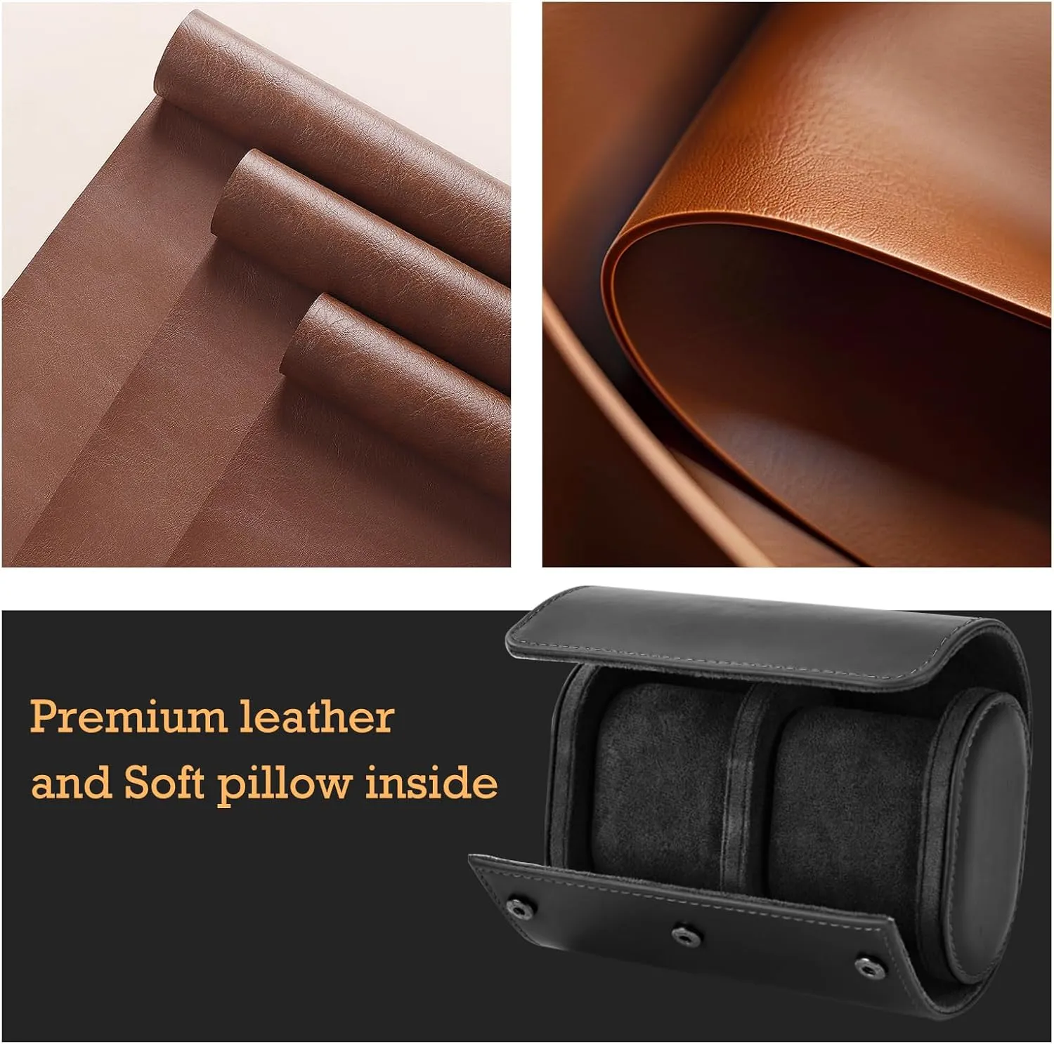 Leather Double Watch Box, Vintage Watch Roll Travel Case for Men and Women (Double-Black)