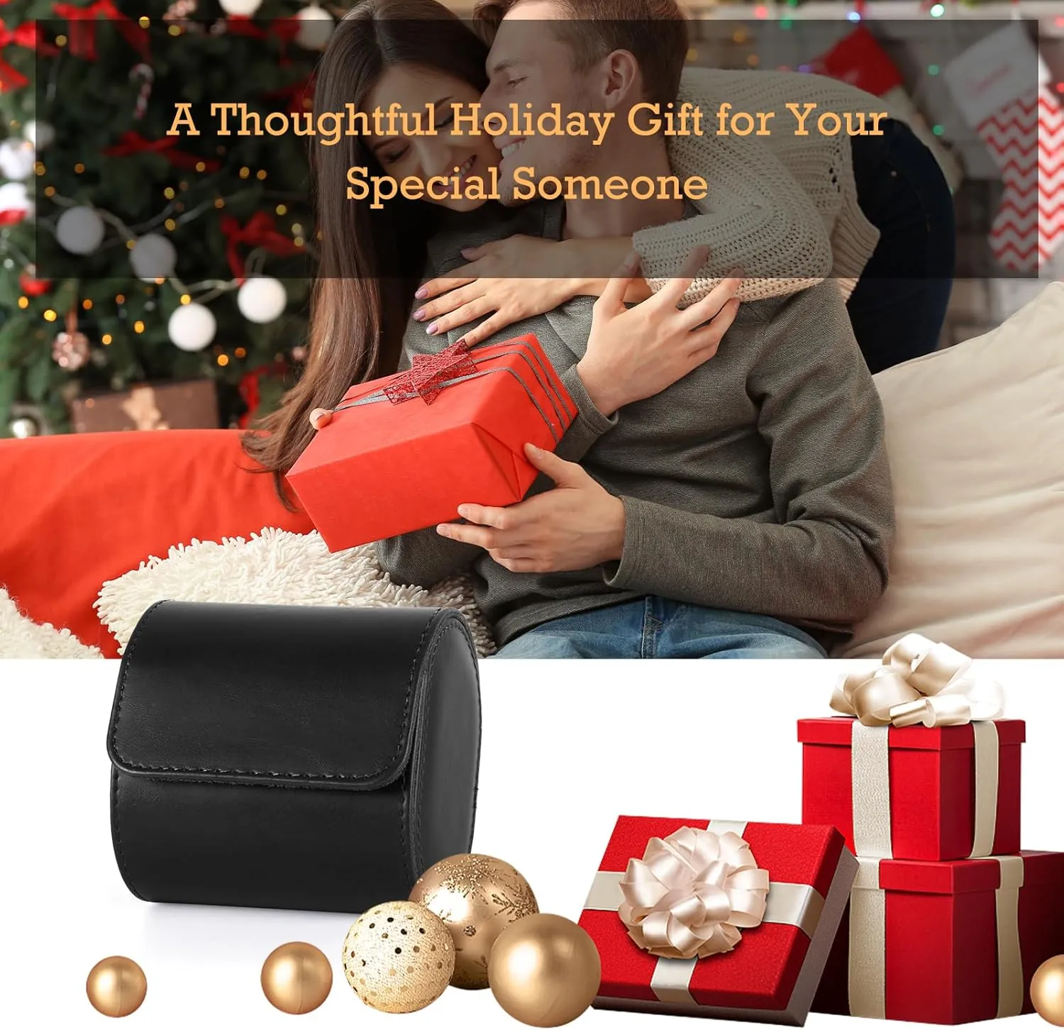 Leather Double Watch Box, Vintage Watch Roll Travel Case for Men and Women (Double-Black)