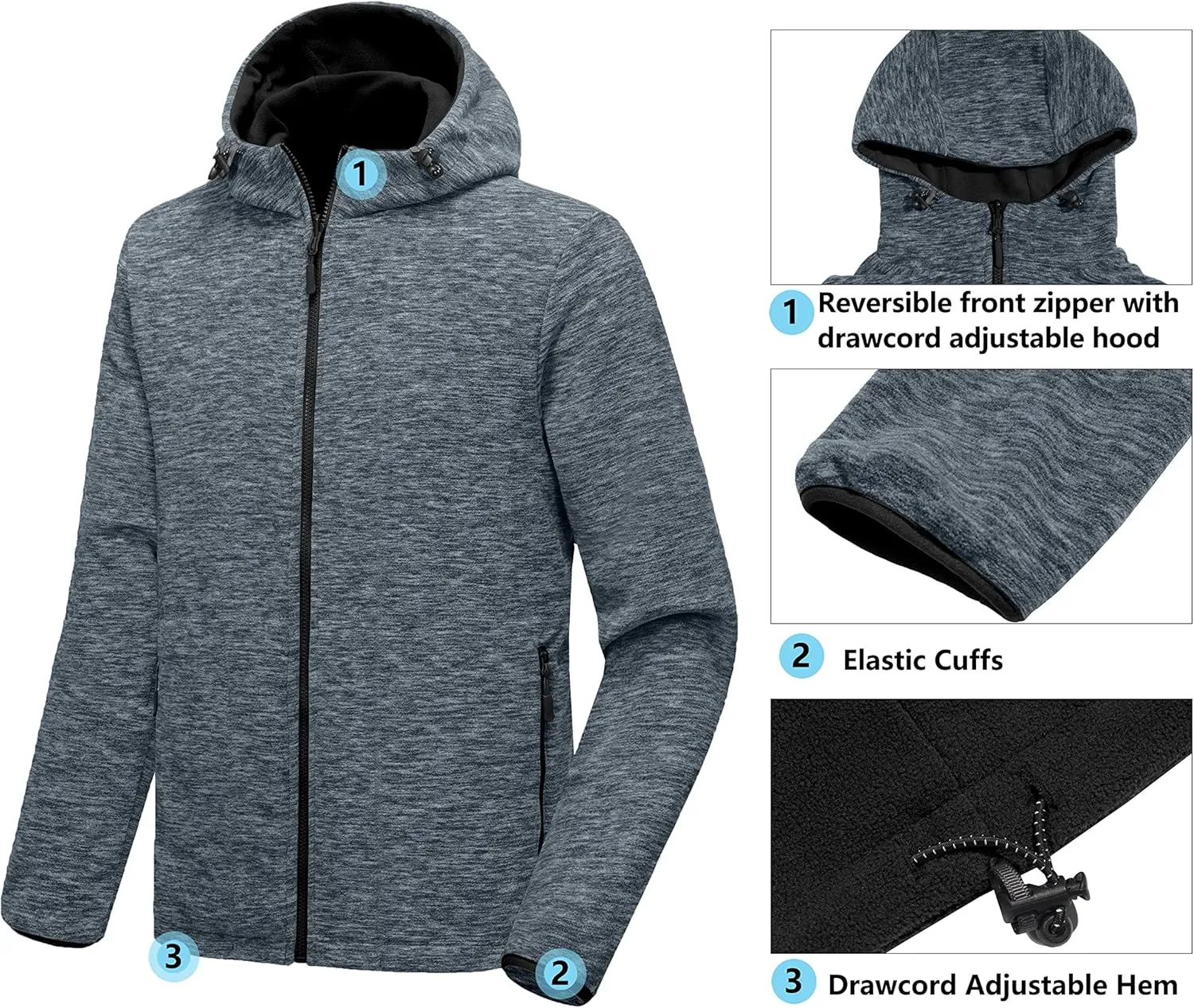 Little Donkey Andy Men's Lightweight Reversible Polar Fleece Jacket Full Zip Hoodie with Pockets Thermal Outdoor Coat