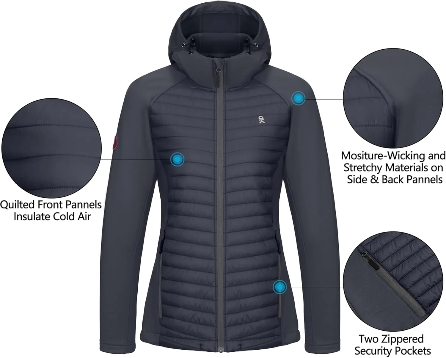 Little Donkey Andy Women's Insulated Hiking Jacket, Thermal Running Hybrid Jacket, Lightweight Breathable and Warm