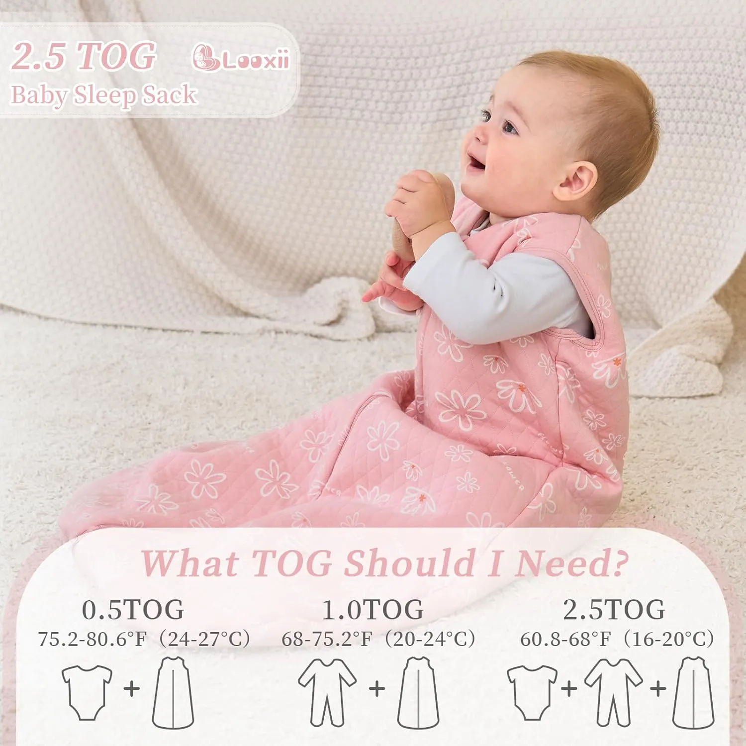 Looxii Baby Wearable Blanket Sleep Sack 18-24 Months 2.5 TOG Cotton Quilted Toddler Sleeping Sack 2-Way Zipper Warm for Winter