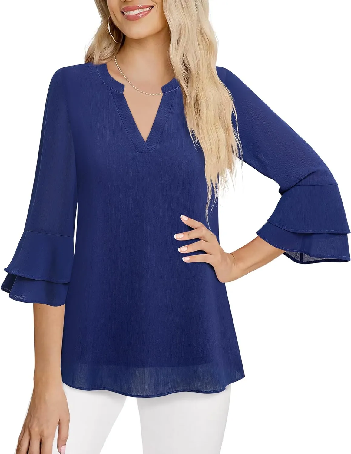 Lotusmile Womens Tops Dressy Casual 3/4 Tiered Bell Sleeve Blouses Double Layered Chiffon Work Tunic Shirts