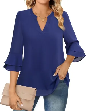 Lotusmile Womens Tops Dressy Casual 3/4 Tiered Bell Sleeve Blouses Double Layered Chiffon Work Tunic Shirts