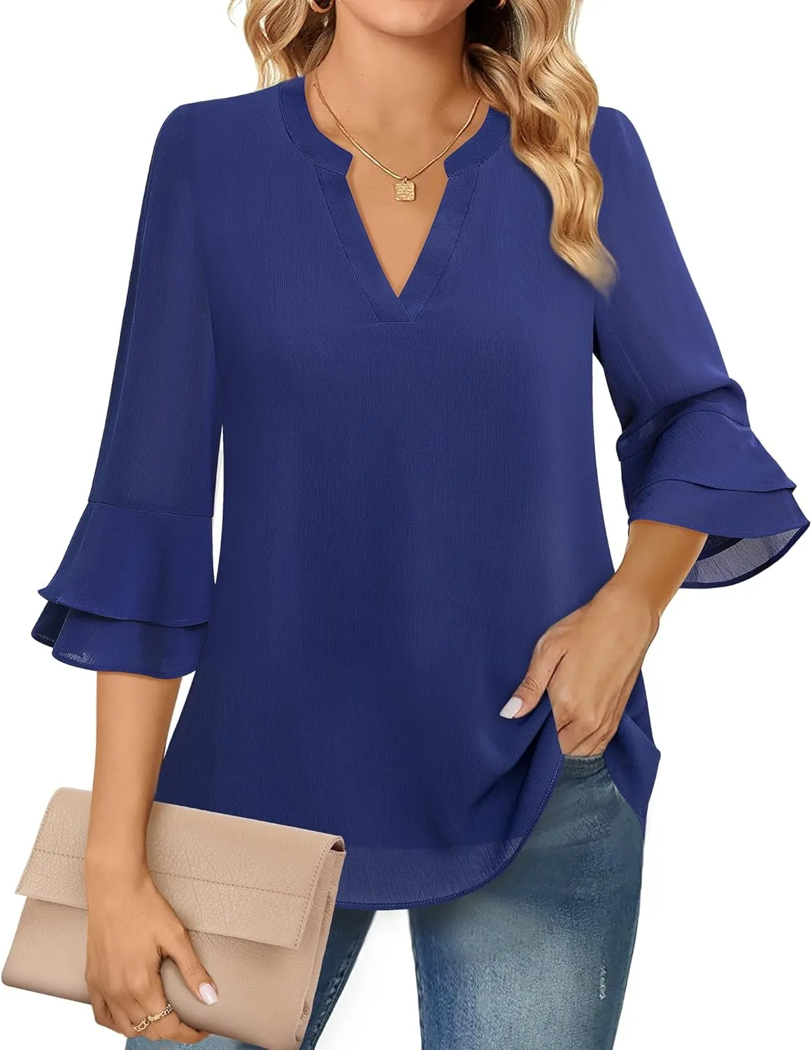 Lotusmile Womens Tops Dressy Casual 3/4 Tiered Bell Sleeve Blouses Double Layered Chiffon Work Tunic Shirts