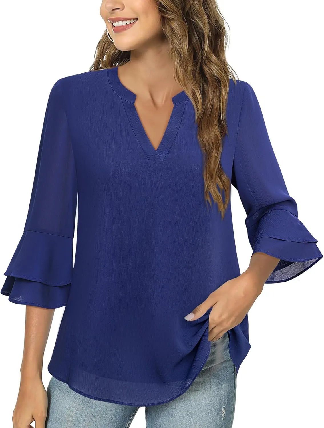 Lotusmile Womens Tops Dressy Casual 3/4 Tiered Bell Sleeve Blouses Double Layered Chiffon Work Tunic Shirts