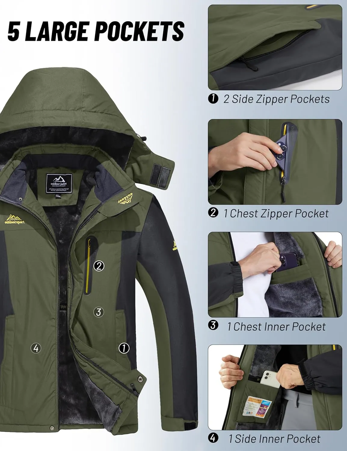 MAGCOMSEN Men's Winter Coats Water Resistant Snow Ski Jacket Fleece Lined Parka 5 Pockets