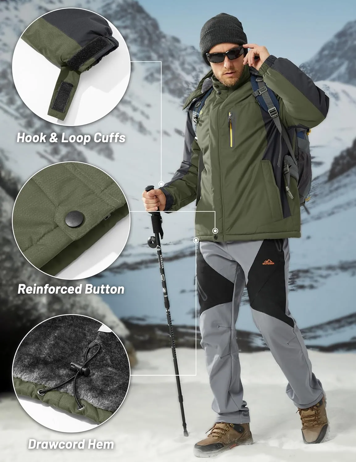 MAGCOMSEN Men's Winter Coats Water Resistant Snow Ski Jacket Fleece Lined Parka 5 Pockets