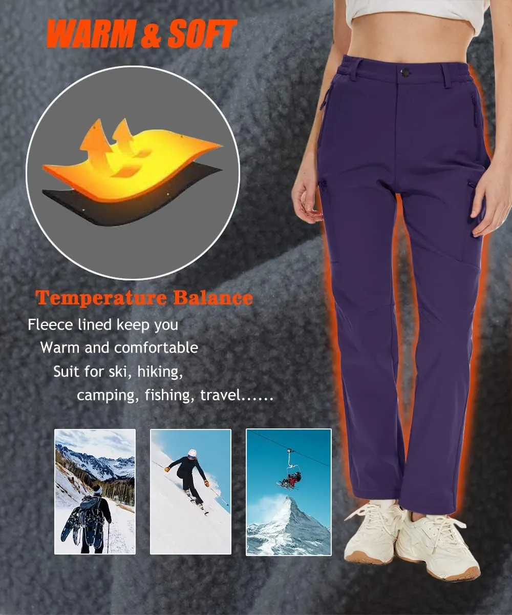 MAGCOMSEN Women's Fleece Lined Hiking Pants Waterproof Insulated Outdoor Snow Ski Pants Warm Winter Softshell Pants