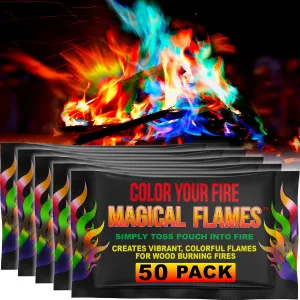 Magical Flames Fire Color Changing Packets for Fire Pit, Indoor/Outdoor Fireplace, Campfires, Bonfires - 50 Pack of Flame Color Changing Packets Camping Accessories