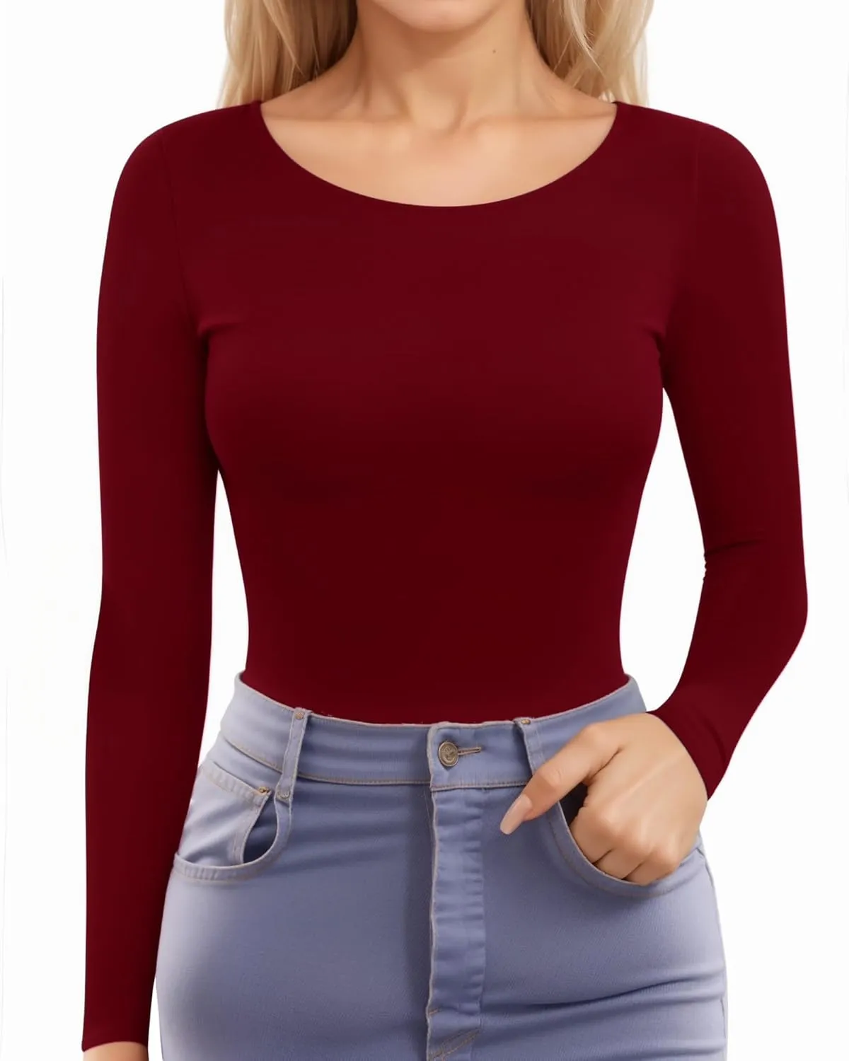MANGOPOP Womens Tops Long Sleeve Crew Neck t Shirts Double Lined Slim Fitted Lined Tight Basic Tee Shirt