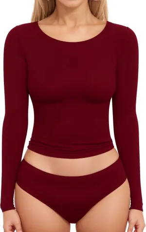 MANGOPOP Womens Tops Long Sleeve Crew Neck t Shirts Double Lined Slim Fitted Lined Tight Basic Tee Shirt