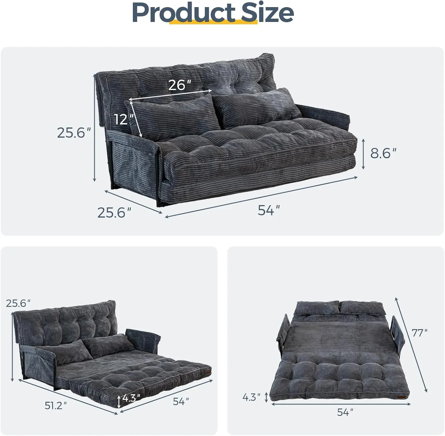 MAXYOYO Adjustable Floor Sofa Couch with 2 Pillows, Multi-Functional Bean Bag Bed, 5-Position Foldable Lazy Sofa Sleeper Bed with Armrest, Versatile Floor Seating for Reading, Dark Grey, Double