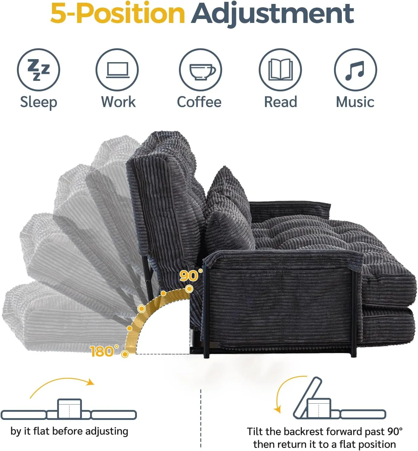 MAXYOYO Adjustable Floor Sofa Couch with 2 Pillows, Multi-Functional Bean Bag Bed, 5-Position Foldable Lazy Sofa Sleeper Bed with Armrest, Versatile Floor Seating for Reading, Dark Grey, Double