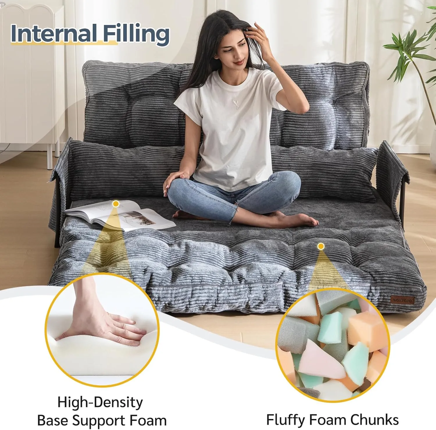 MAXYOYO Adjustable Floor Sofa Couch with 2 Pillows, Multi-Functional Bean Bag Bed, 5-Position Foldable Lazy Sofa Sleeper Bed with Armrest, Versatile Floor Seating for Reading, Dark Grey, Double