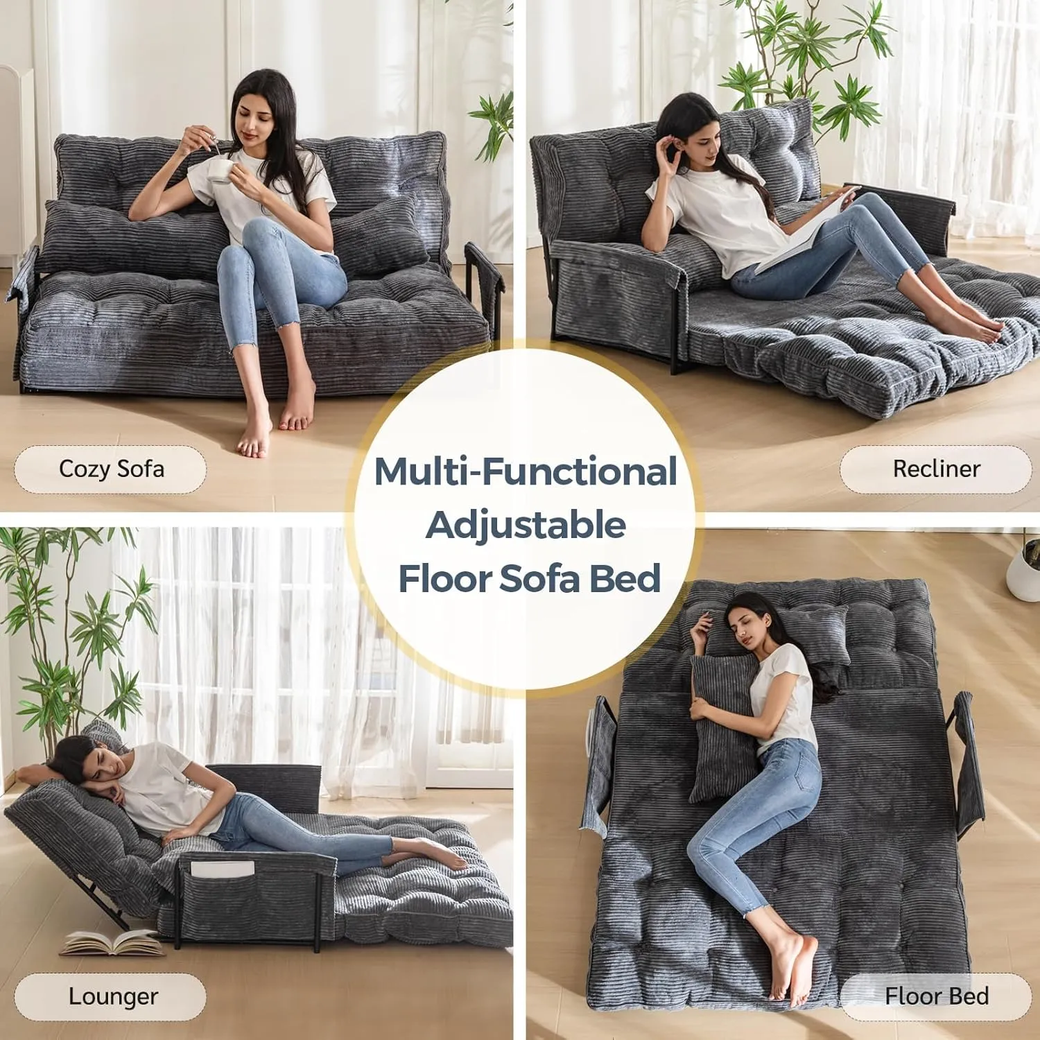 MAXYOYO Adjustable Floor Sofa Couch with 2 Pillows, Multi-Functional Bean Bag Bed, 5-Position Foldable Lazy Sofa Sleeper Bed with Armrest, Versatile Floor Seating for Reading, Dark Grey, Double